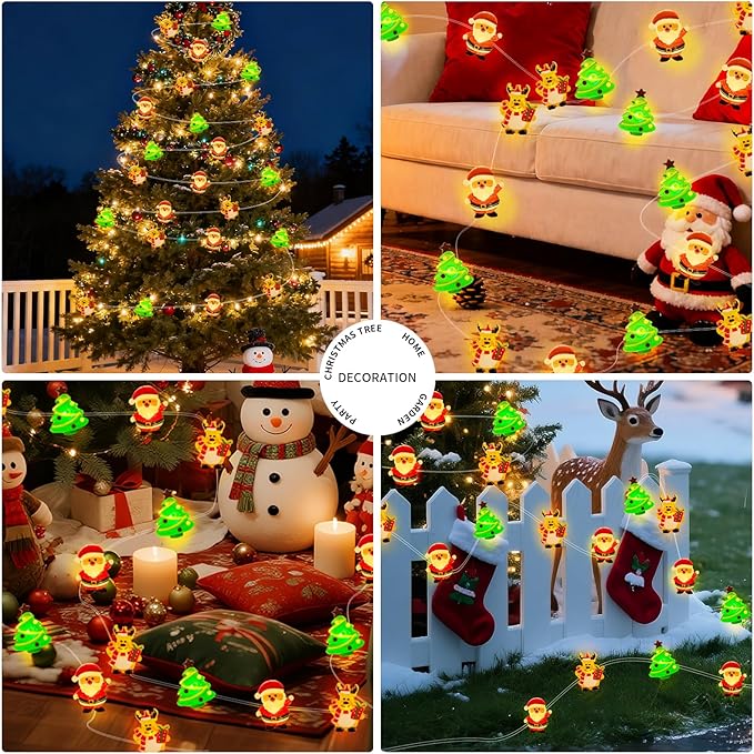 pozzolanas Christmas Fairy Lights, LED Christmas Tree Santa Claus Snowman Moose Lights Decoration, Waterproof Battery Powered Indoor Outdoor Decoration String Lights - 1Pack