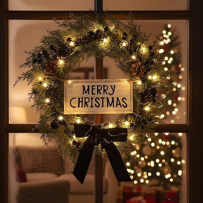 Lighted Christmas Wreath for Front Door with Metal Hanger 16'' Artificial Norfolk Wreath with Velvet Bow LED Lights Jingle Bells Pinecone Berries Christmas Holiday Winter Decor(Black)