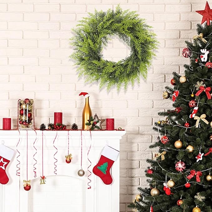 Real Touch Artificial Cedar Wreath 24" Fake Christmas Wreaths for Front Door Faux Pine Greenery Wreaths for Home,Window,Table,Mantle,Wall,Indoor,Outdoor Xmas Decorations
