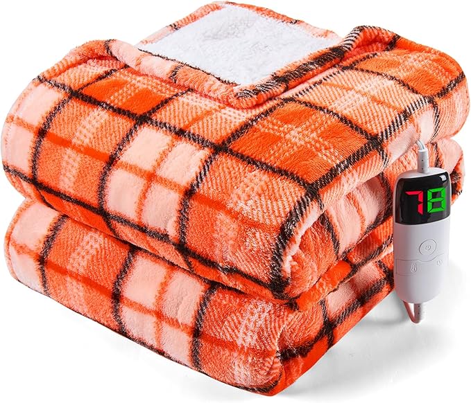 Heated Blanket Electric Twin Size,62X84 Orange Blanket,Plaid Soft Sherpa Heating Blankets Warmer Gift for Grandma Women Adults Halloween Washable