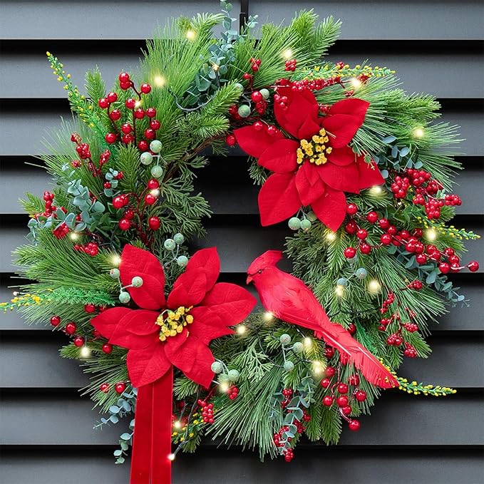 Pre-Lit Christmas Wreaths for Front Door 24 Inch Christmas Wreath with Lights,Large Winter Wreath with Cardinal Birds,Poinsettia,Green Evergreen Pine Needles Red Berries Holiday Wreath Decor
