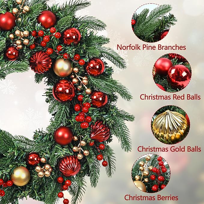 Christmas Wreath with Lights, 20 Inch Christmas Wreaths for Front Door, Large Winter Door Wreath with Ball Ornaments, Berries and Norfolk Pines, Xmas Decor for Indoor Outdoor Wall Windows