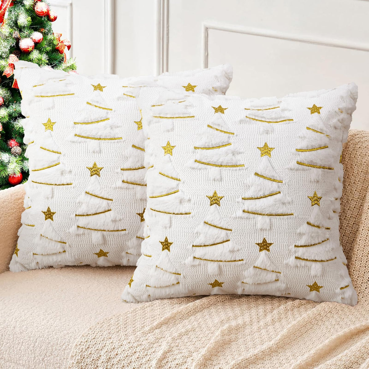 Merrycolor White Christmas Pillow Covers18x18 Inche Set of 2 Soft Plush Faux Fur Christmas Tree Throw Pillow Covers with Gold Star Embroidery Decoration Winter Holiday Home Decor