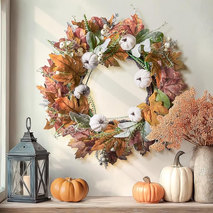 DN DECONATION 24“ Fall Wreaths for Front Door Decor, Autumn Harvest Wreaths for Porch Door Outdoor, Fall Wreath Decorations for Home Outside Thanksgiving, White Pumpkins Wreath