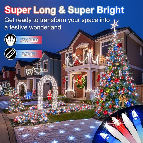 750 LED 240FT Christmas String Lights Outdoor, Christmas Light with 8 Lighting Modes& Timer & Memory, Plug in Waterproof Clear Wire Twinkle Light for for Xmas Yard Tree Party Decor Red White Blue