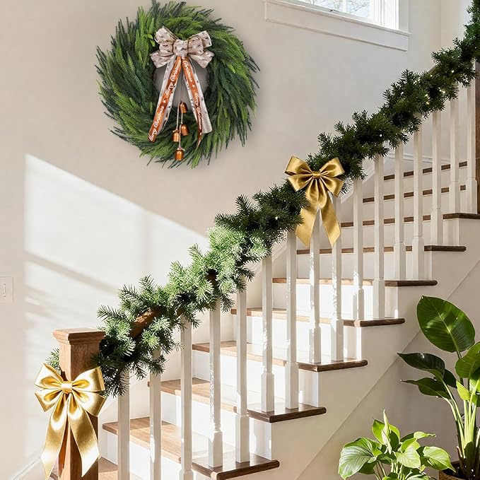Real Touch Norfolk Pine Wreath for Front Door, 24'' Christmas Wreaths with Bow & Bells, Large Faux Cedar Pine Green Wreath for Wall Window Home Farmhouse Decorations Outdoor Indoor