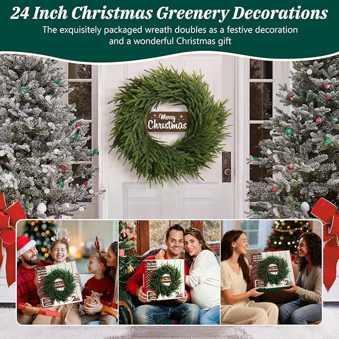 24 Inch Real Touch Christmas Wreath for Front Door, Norfolk Pine Wreath with Welcome Sign, Large Artificial Green Wreath Home Indoor, Porch, Fireplace, Wall, Windows, Outdoor Decor
