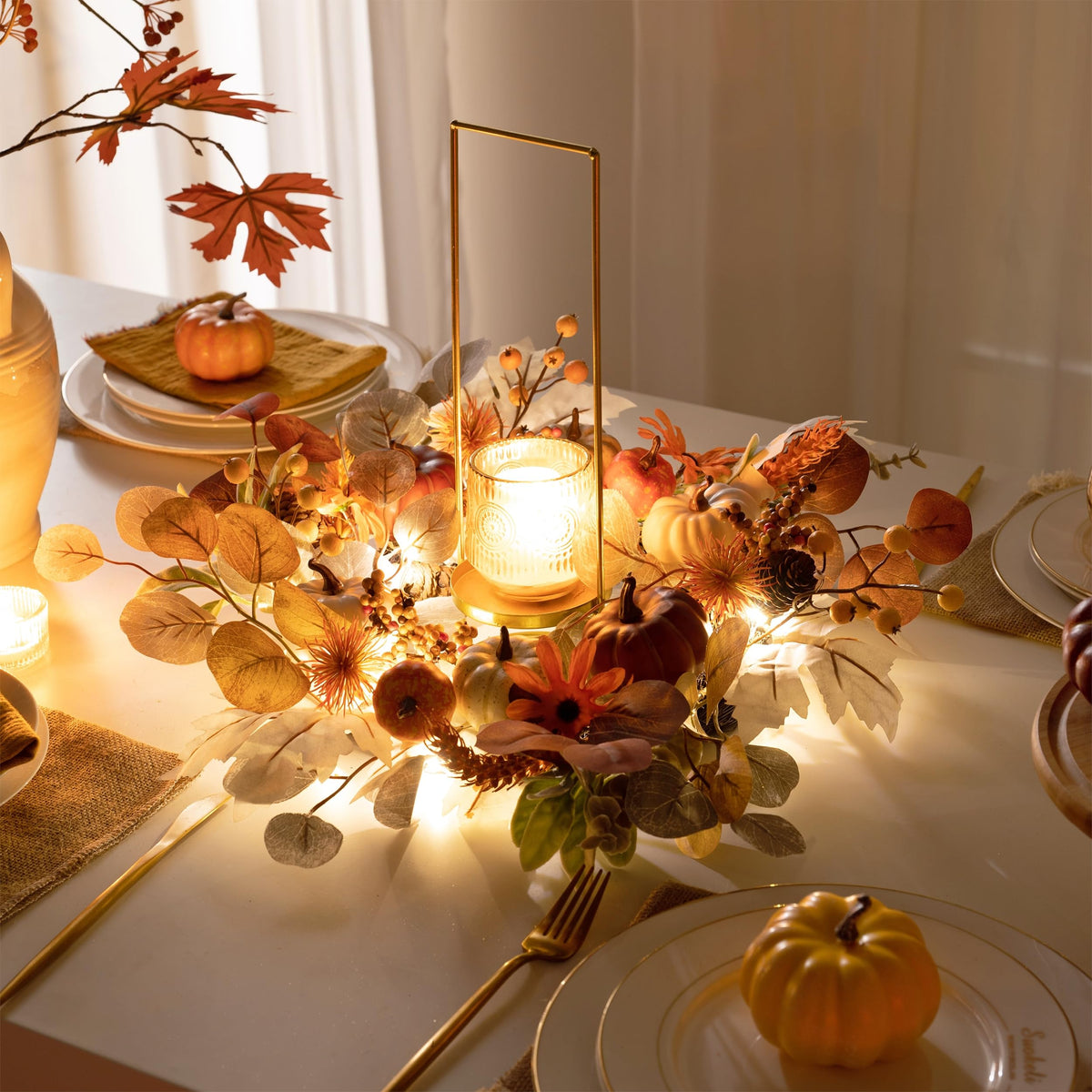 Valery Madelyn Fall Wreath with Lights for Front Door, 18" Autumn Door Wreath with White Pumpkins Silk Maple Leaves, Outdoor Fall Halloween Decorations for Home Porch Thanksgiving Harvest Table Decor