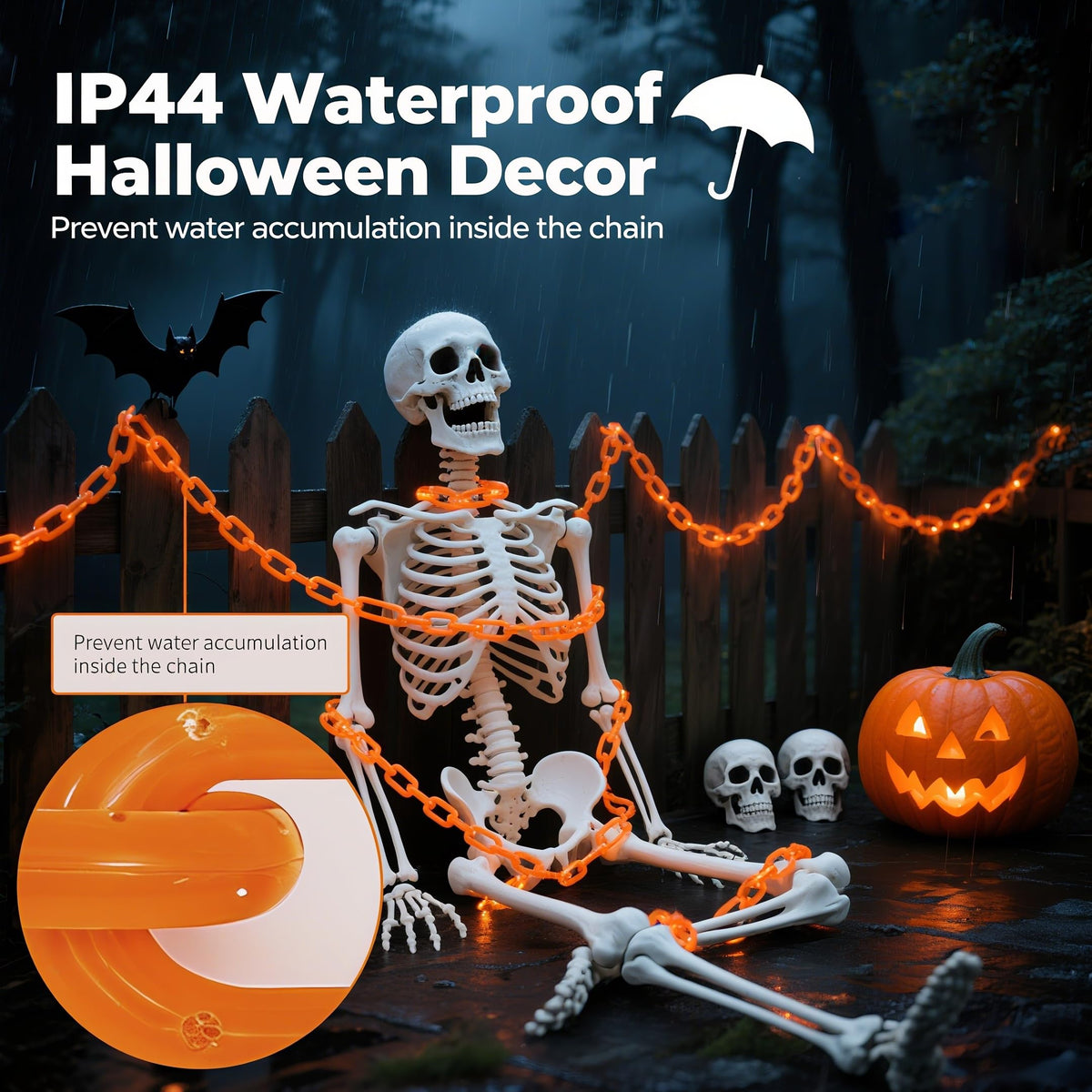 Halloween string lights,Hopolon 13.7Ft 175LED Halloween Decorations Chain Lights Outdoor/Indoor Plastic Orange Light Battery USB with Waterproof, 8Modes&Timer for Home Garden Patio Porch Spooky Decor