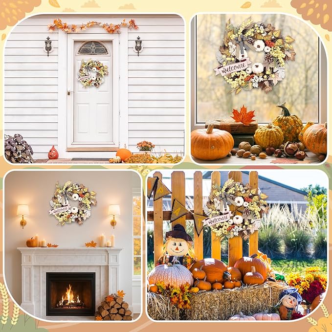 Fall Wreaths for Front Door Outside Decor, 22" Pumpkin Berry Maple Leaves Pine Cone Wreath Autumn Decorations with Bow and Hanging Sign for Thanksgiving Home Outdoor Indoor Porch Harvest