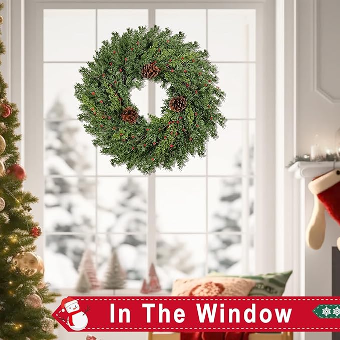 2PC Real Touch Pine Christmas Wreath 24 Inch Christmas Wreaths for Front Door Winter Wreath Artificial Green Wreaths Outdoor Christmas Decorations Indoor Outside Window Home Holiday Thanksgiving