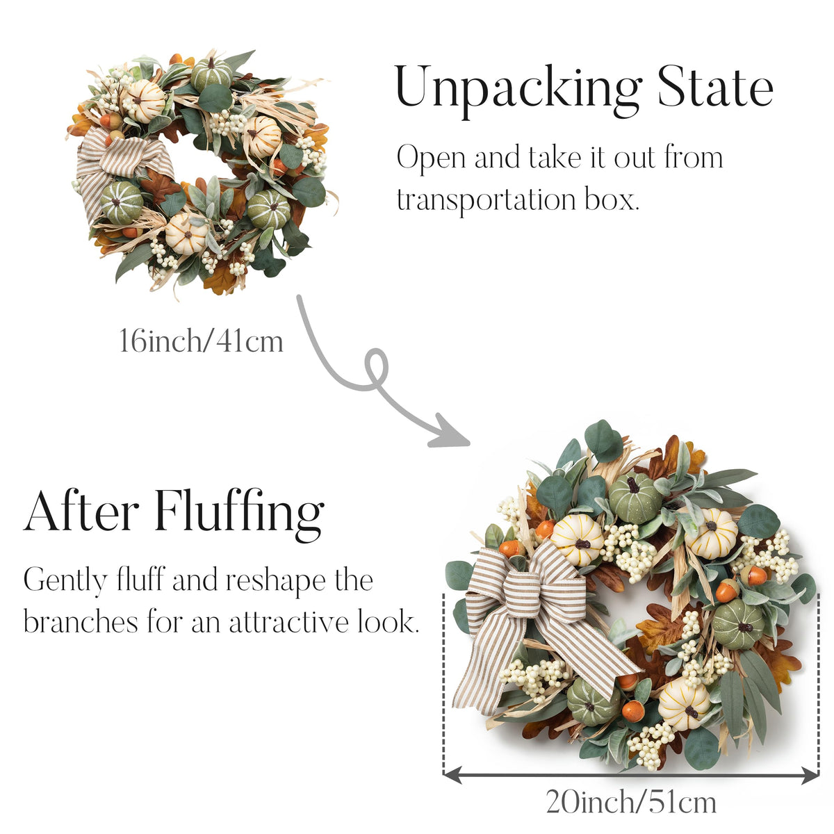 Valery Madelyn Fall Wreaths for Front Door Outside, 20'' Farmhouse Autumn Door Wreath with Lights White Pumpkins Bow, Outdoor Fall Decorations for Home Porch Thanksgiving Harvest Table Centerpiece