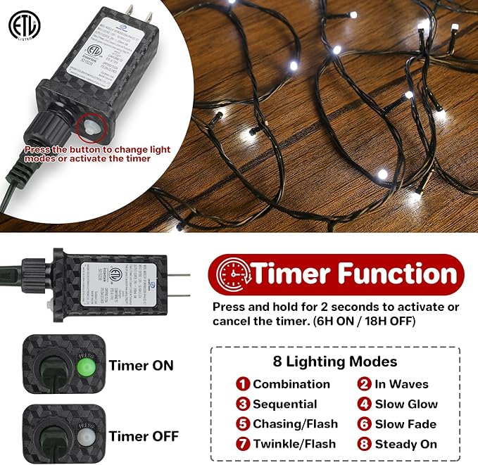 66FT 200 LED Christmas Lights with Timer, Twinkle Fairy Lights String with 8 Flashing Modes String Lights for Indoor Bedroom Outdoor Christmas Trees Garland Wreath Holiday Decorations, Cool White