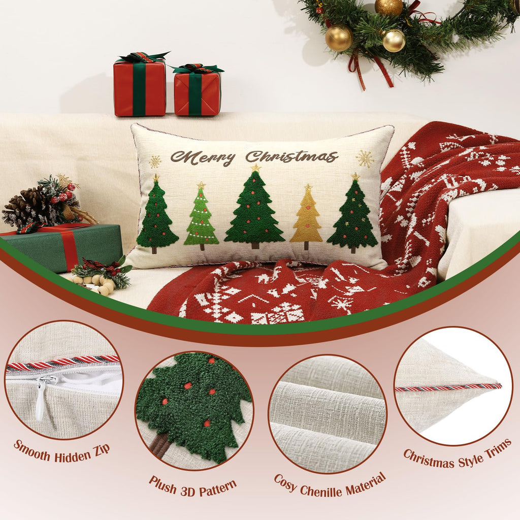 Lewondr 12x20 Inch Christmas Throw Pillow Cover, Christmas Decorative Pillow Case with Embroidered Xmas Tree, Throw Pillowcase Cushion Cover Xmas Decor for Bed Home Decor Living Room (1PCS)
