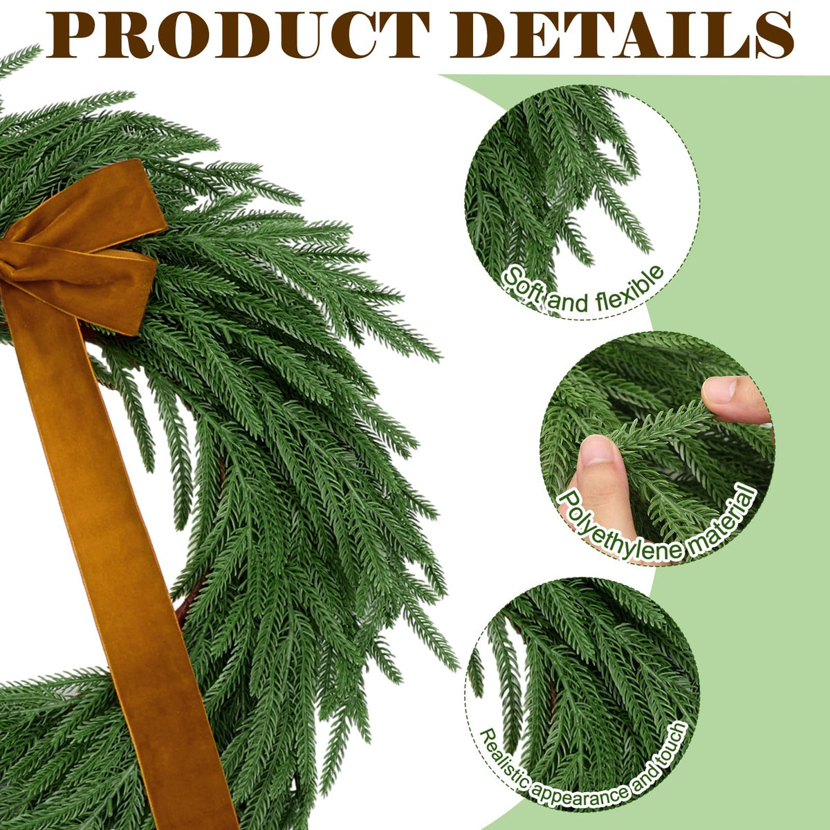 Daifunli 2 Pack 20 Inch Light up Christmas Norfolk Pine Wreaths with Khaki Bows Artificial Realistic Green Wreath with Pre-lit LED for Front Door Wall Mantle Outdoor Xmas Windows Porch Decor