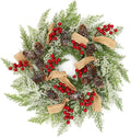22” Artificial Christmas Door Wreath, Christmas Wreaths for Front Door, Winter Wreaths with Pine Cone, Red Berries, Burlap Ribbon & Snowflake, Holiday Outdoor Wreath Decorations