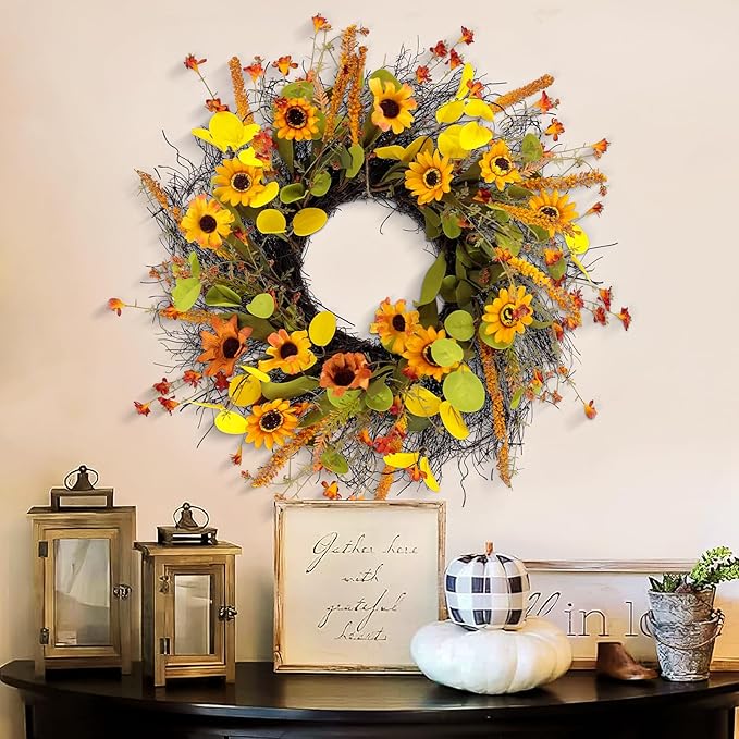 Fall Wreaths for Front Door 20 Inch Rustic Artificial Wreath Sunflower Maple Leaf Rice Ears Autumn Decoration for Halloween Thanksgiving Christmas