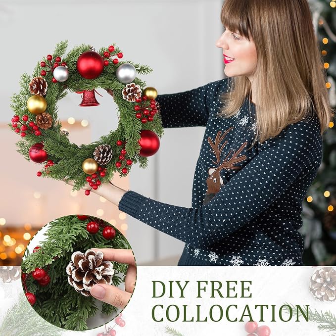 Zeyune Christmas DIY Green Wreath 14 Inch Artificial Christmas Wreaths Faux Plain Wreaths for Decorating Front Door Window Room Farmhouse Xmas Party Indoor Outdoor(Pine Needle,8 Pcs)