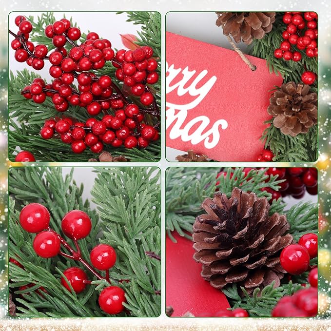 Christmas Wreaths for Front Door,Winter Wreaths for Indoor and Outdoor Decorations,Christmas Door Wreath with Pine Cones and Leaves,Berries,Wood Sign for Decor