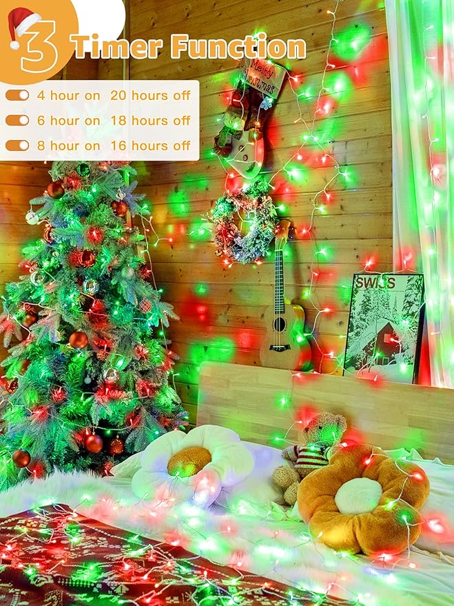 Christmas Lights 600 LED 98FT, Waterproof Outdoor String Lights with Remote and Timer, 8 Modes Dimmable Fairy Lights for Indoor Outdoor Wedding Party Holiday Decorations (Red and Green)