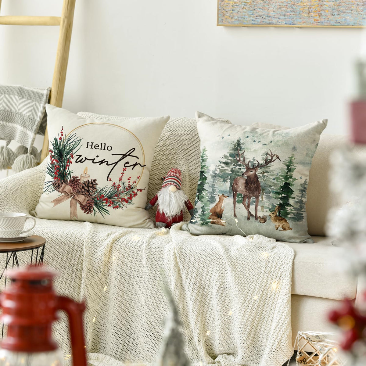 AVOIN colorlife Merry Christmas Trees Reindeer Snowflake Throw Pillow Covers, 18 x 18 Inch Xmas Red Berries Hello Winter Holiday Cushion Case Decoration for Sofa Couch Set of 4