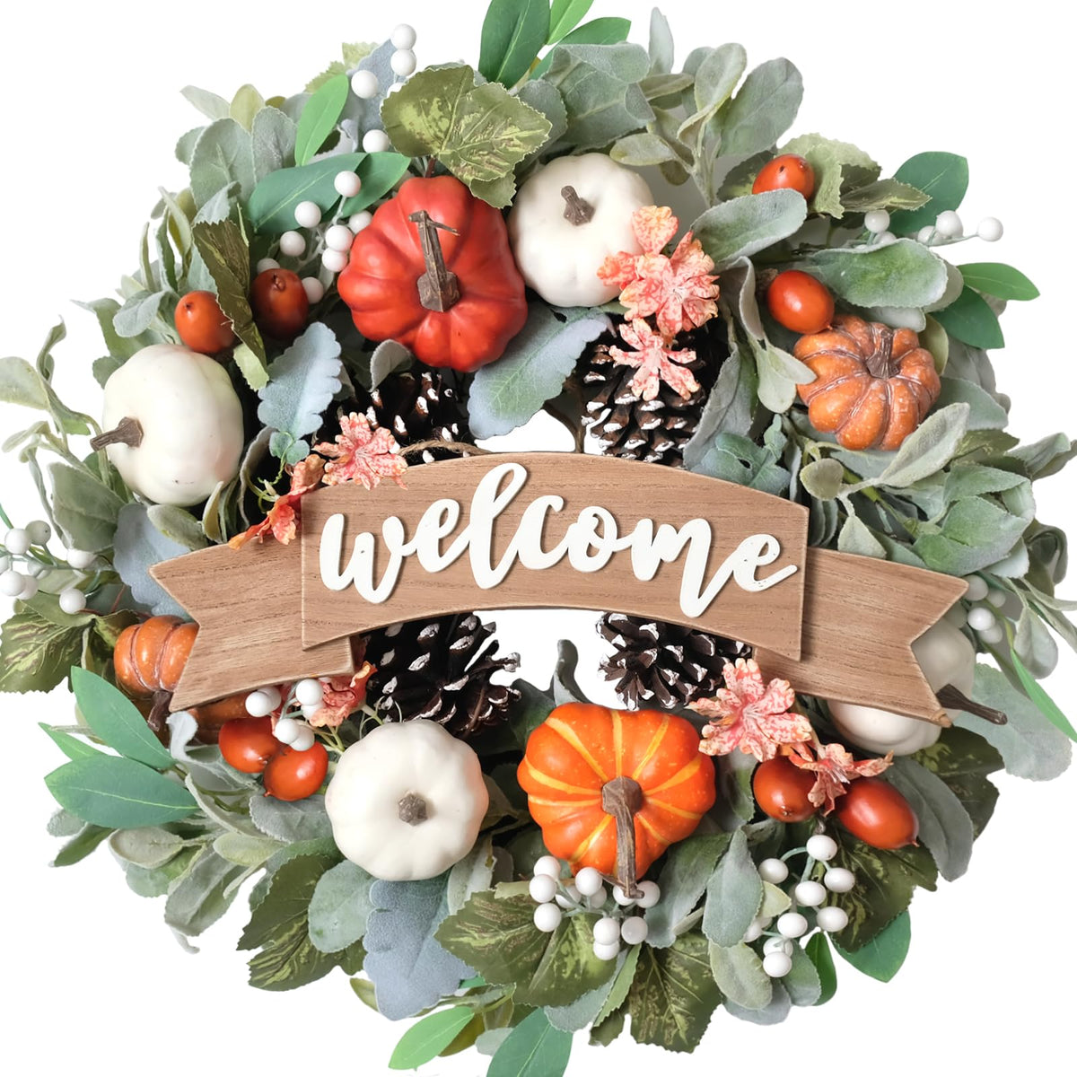 22 Inch Fall Pumpkin Wreath for Front Door with Welcome Wood Sign, White Orange Pumpkin Pinecone Acorn Wreath for Indoor and Outdoor, Autumn Door Decor