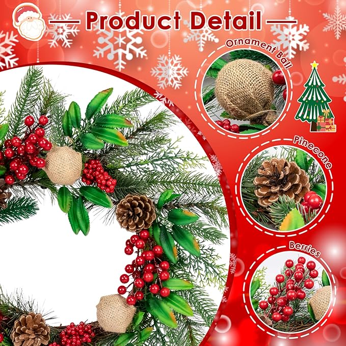 Christmas Wreaths for Front Door Outside Decor, 20" Red Berries Linen Ball Pine Boughs Winter Artificial Wreath Decorations with Hanging Sign for Xmas Holiday Home Door Wall Window Fireplace Indoor