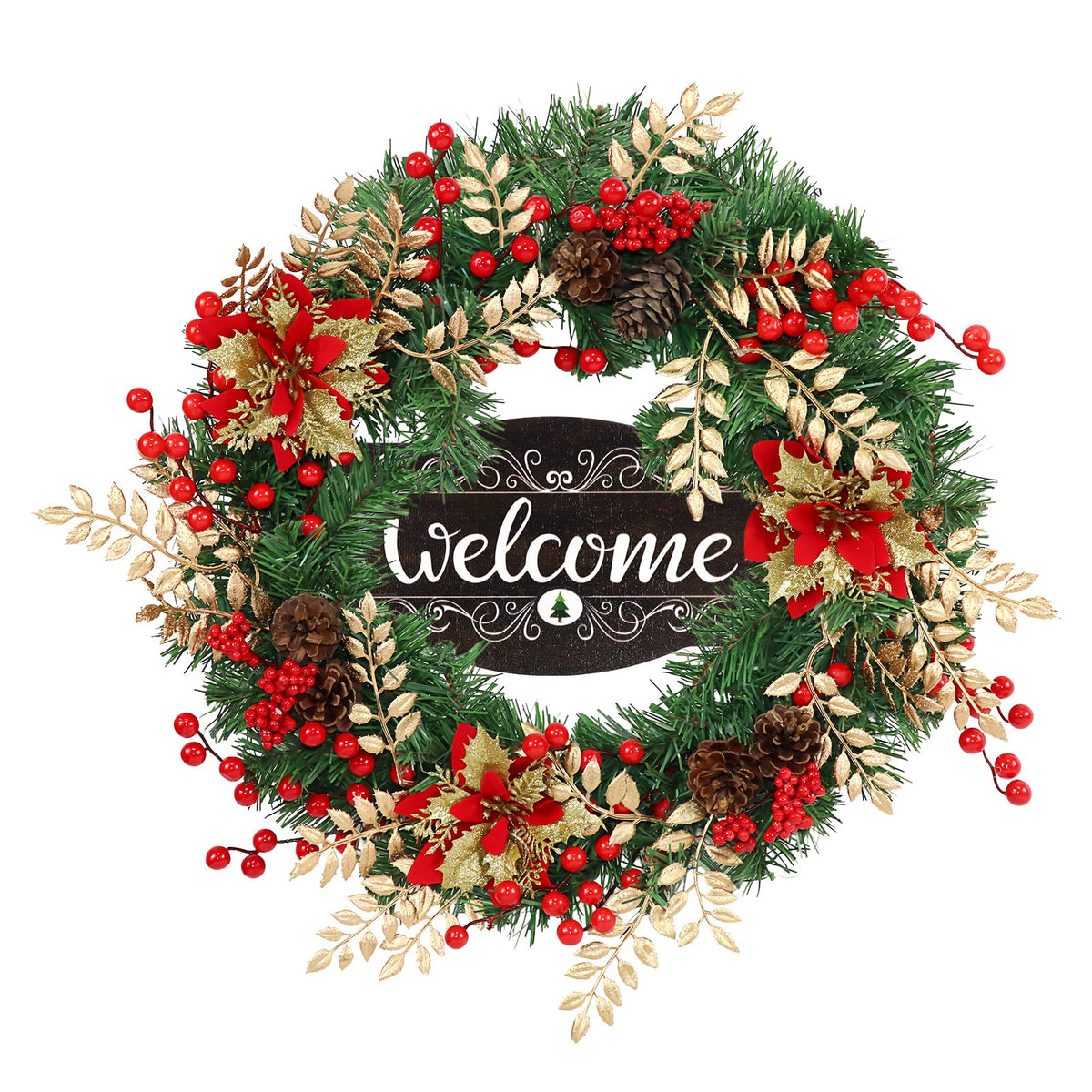 Christmas Wreaths for Front Door Outside Decor, 22" Berries Poinsettia Golden Leaves Pinecone Winter Artificial Wreath Decorations with Hanging Sign for Xmas Home Door Wall Window Fireplace Porch