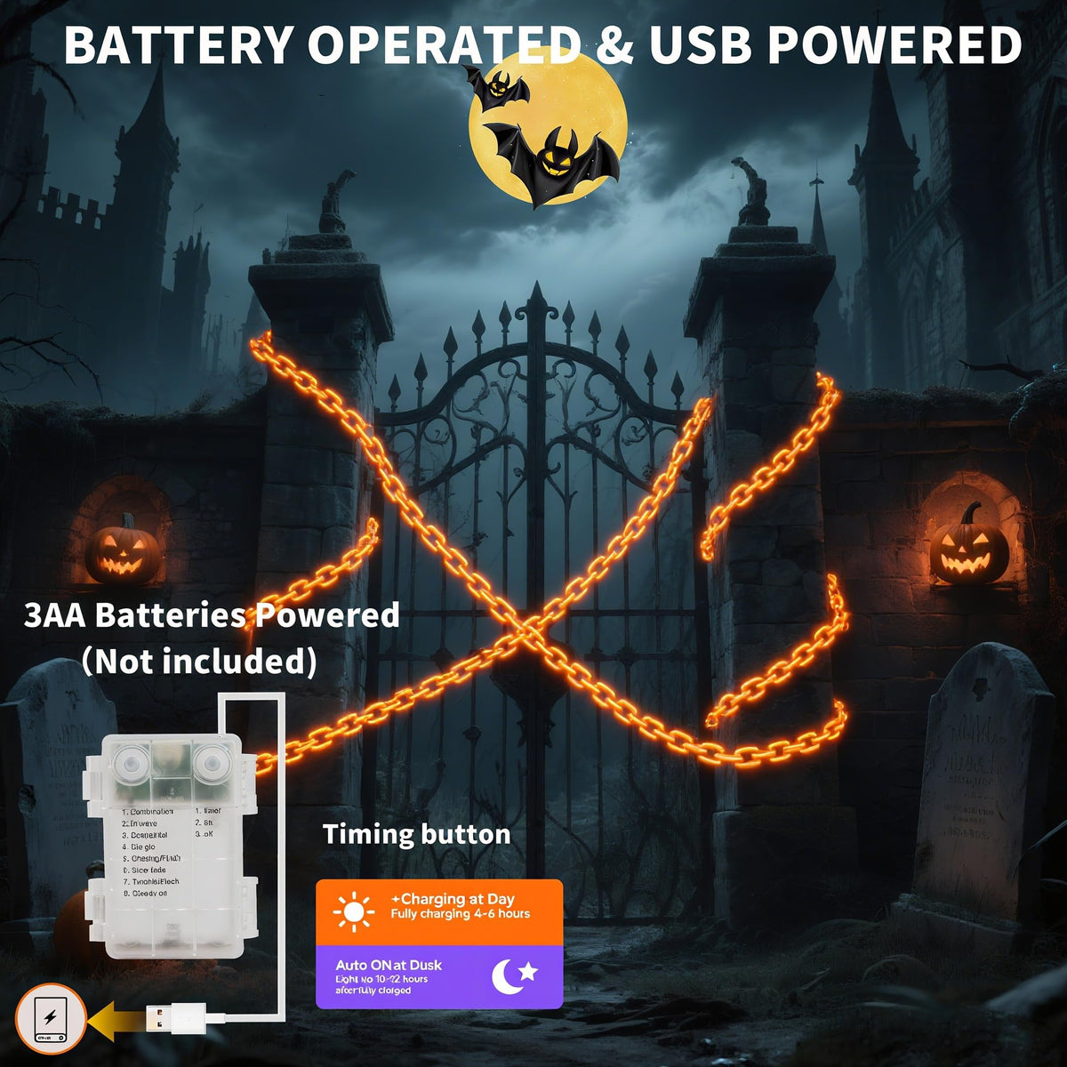Halloween string lights,Hopolon 13.7Ft 175LED Halloween Decorations Chain Lights Outdoor/Indoor Plastic Orange Light Battery USB with Waterproof, 8Modes&Timer for Home Garden Patio Porch Spooky Decor