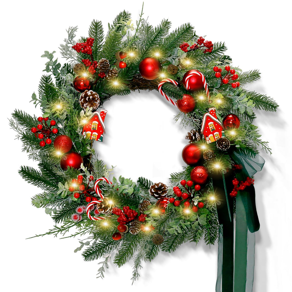 20" Christmas Wreath for Front Door, Christmas Door Wreath Decoration with Ball Ornaments, Red White Candy, Pine Cones Berries & Bow, Holiday Decoration