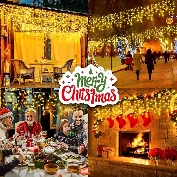 SAUIRS 2Pack 320 LED Christmas Lights Outdoor Decorations with 120 Drops Timer 8Mode 66FT Curtaing Lights Waterproof Plug in Fairy Lights for Indoor,Xmas,Party,Patio,Window,Trees Decor(Warm White)