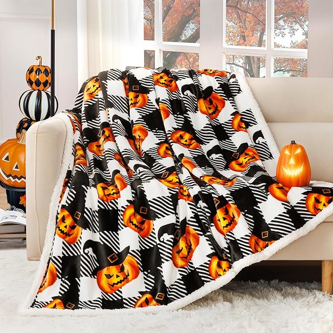 Touchat Halloween Blanket Twin Size 60" X 70"，Pumpkin Sherpa Fall Fuzzy Fluffy Soft Cozy Blankets, Fleece Flannel Plush Microfiber Throw for Couch Bed Sofa, Halloween Decor (BlackHalloween)