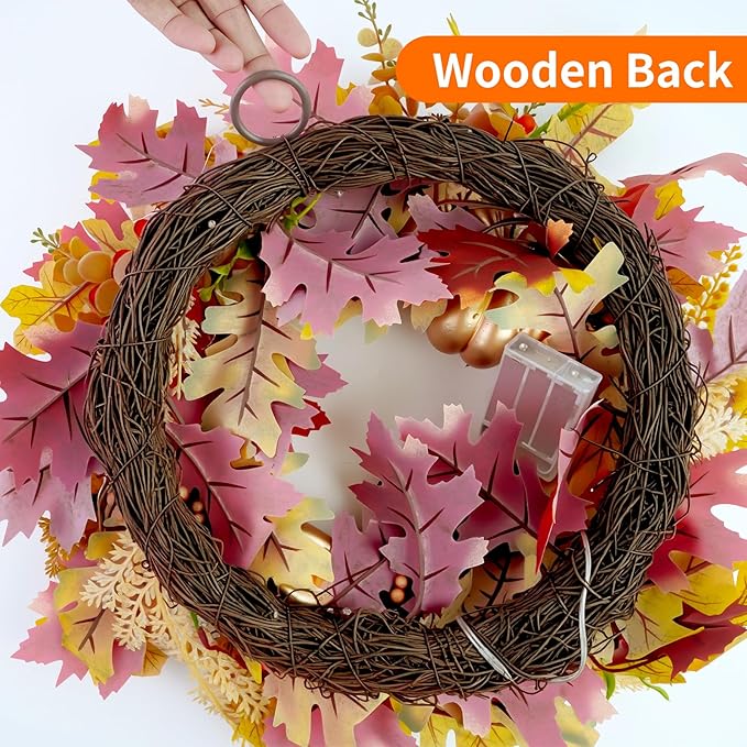 Fall Wreaths for Front Door,Sunflower Autumn Wreath with Lights,Pumpkins and Bows,for Thanksgiving Halloween Farmhouse Indoor Outdoor Outside (Golden Pumpkin)