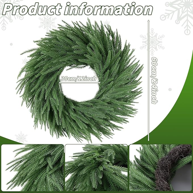 24 inch Norfolk Pine Wreath, Realistic Christmas Wreath for Front Door,Artificial Real Touch Green Wreath Greenery for Door Wall Windows Mantle Outdoor Christmas Decoration