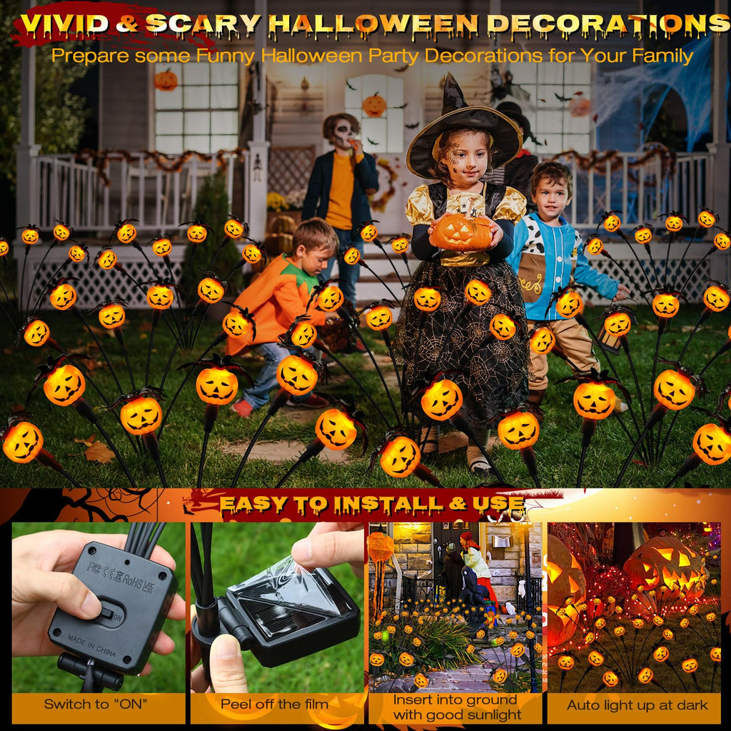 Weepong Halloween Decorations Outdoor 4 Pack Solar Lights, 24 LED Scary Pumpkin Swaying Firefly Lights with Spider & Bats for Outside Garden Yard Lawn Grave Cemetery Ghost Decor Party, Orange