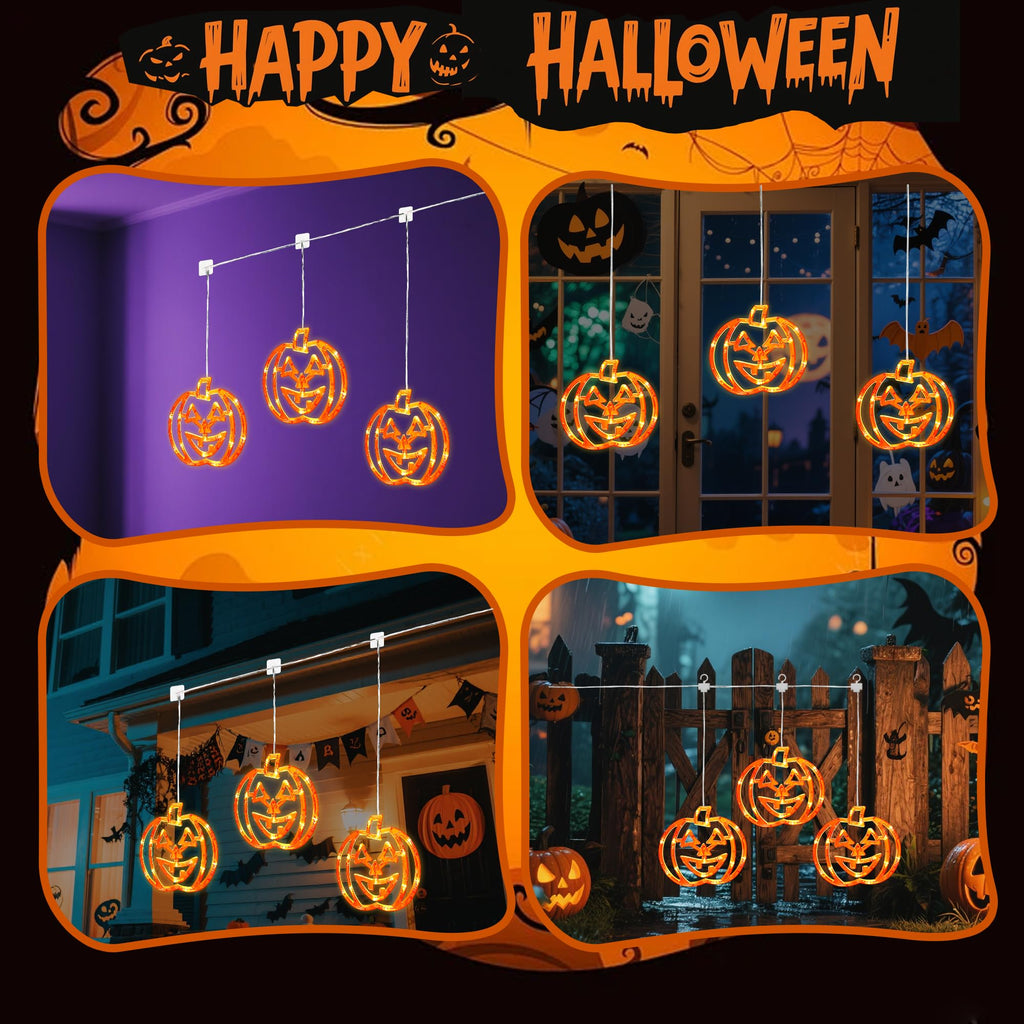 woohaha Halloween Window Lights,48LED 3 Pumpkin Curtain String Lights USB/Battery Operated,Hanging Light for Indoor Outdoor Bedroom,Room,Wall,Party,Holiday Decorations(Orange)