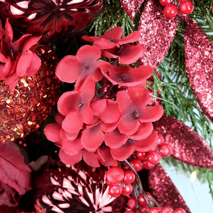 YULETIME 24" Christmas Wreath, Artificial Holiday Wreath with Baubles, Berries, Leaves, Spruce Branches, Snowy Pine Needles (Red Hydrangea)