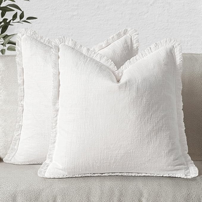 MIULEE Christmas Decorative Throw Pillow Covers Neutral Linen Fringe Throw Pillows Set of 2 White Boho Farmhouse Cushion Covers with Tassels for Couch Sofa Bed Living Room Home Decor 18x18 Inch