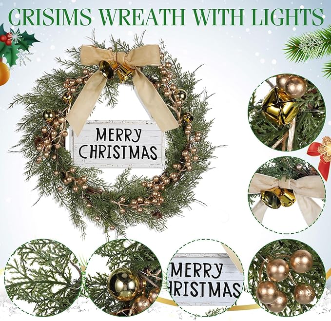 Lighted Christmas Artificial Cedar Wreath for Front Door with Hanger Christmas Wreaths Faux Norfolk with Velvet Bow LED Lights Jingle Bells Pinecone Berries Indoor Window Xmas Holiday Decor(Gold)