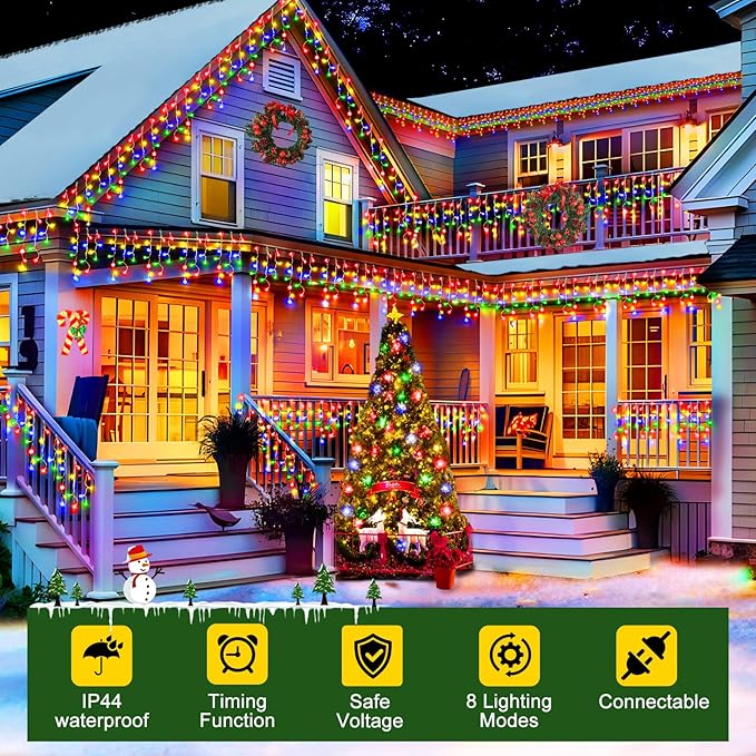 50FT 480 LED Christmas Lights Outdoor Decorations with 90 Drops Timer 8Mode Curtain String Lights Waterproof Plug in Fairy Lights for Indoor,Xmas,Party,Patio,Window,Fence,Trees Decor(Multicolor)