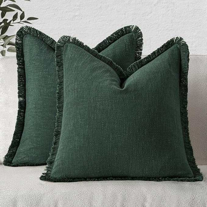 MIULEE Christmas Decorative Throw Pillow Covers Neutral Linen Fringe Throw Pillows Set of 2 Army Green Boho Farmhouse Cushion Covers with Tassels for Couch Sofa Bed Living Room Home Decor 18x18 Inch