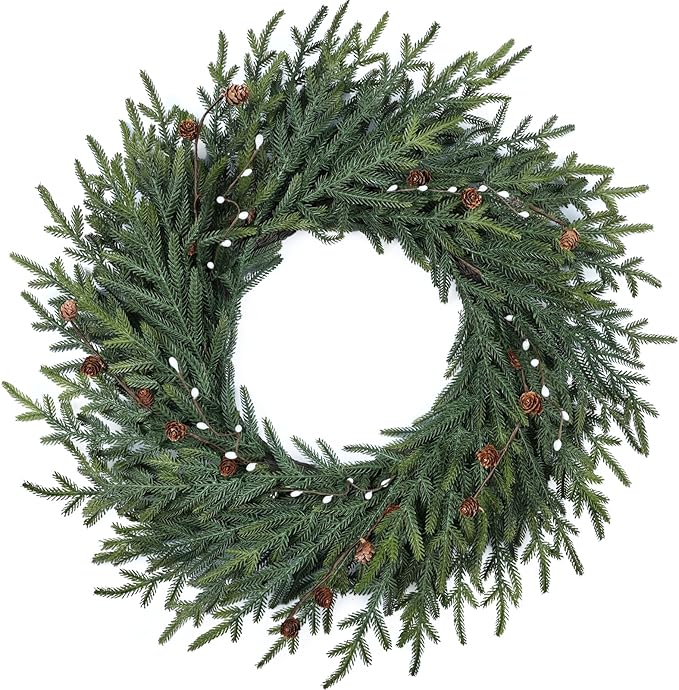 Artgar 26 Inch Pine Wreath - Christmas Wreaths for Front Door - Real Touch Pine Wreath with Pinecones Berries - Large Artificial Green Wreaths for Home Wall Window Porch Farmhouse Outdoor Xmas Decor
