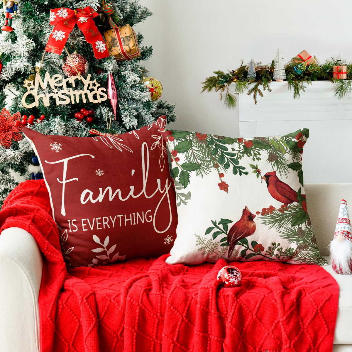 AVOIN colorlife Christmas Cardinal Home Sweet Home Poinsettia Holly Berries Throw Pillow Covers, 18 x 18 Inch Family is Everything Winter Holiday Cushion Case Decoration for Sofa Couch Set of 4