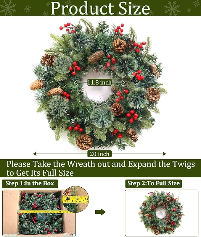 Christmas Wreaths for Front Door, Prelit Christmas Wreath with 30 Warm White & Colorful Lights 8 Modes Timer Pinecones Berried Norfolk Pine Wreath 20 Inch Xmas Wreath Decorations for Door Wall Windows