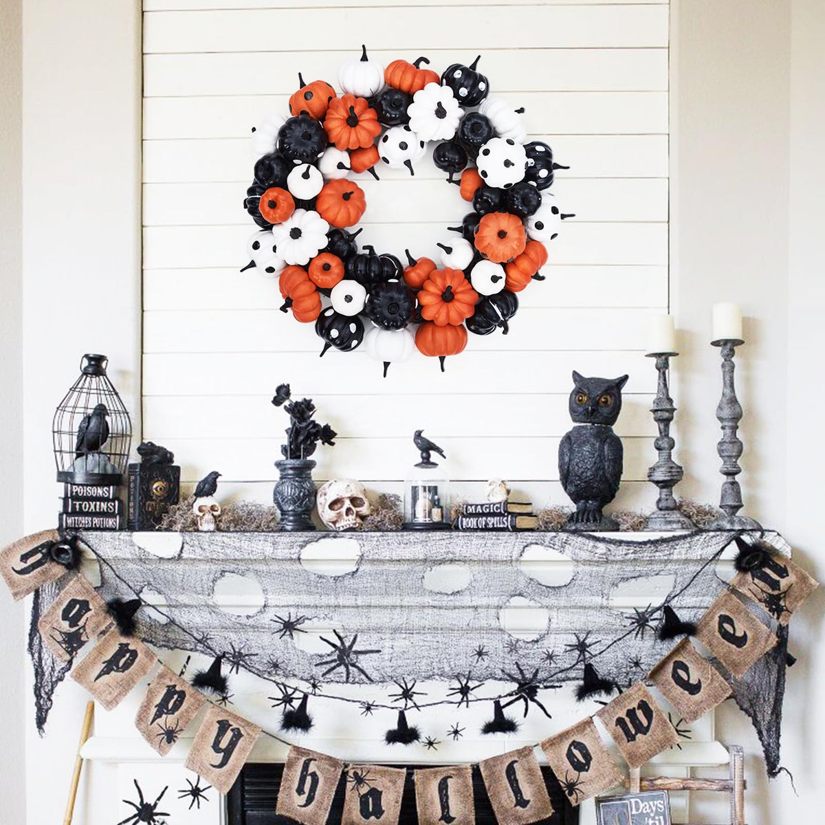 GarveeHome 18 Inch Halloween Fall Wreath for Front Door, Black Orange White Artificial Pumpkin Wreath for Fall and Halloween Indoor Outdoor Home Party Decor