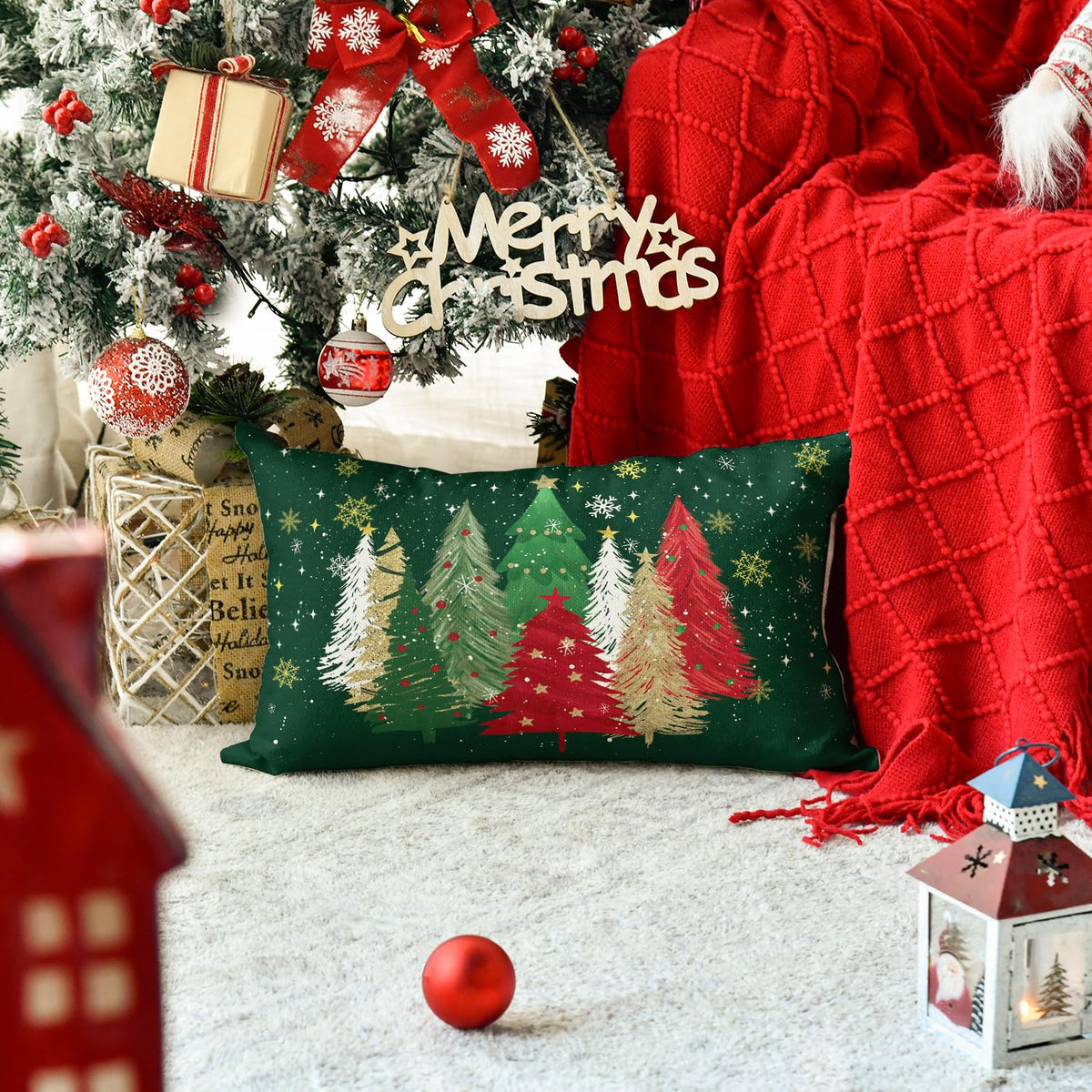 AVOIN colorlife Green and Red Merry Christmas Trees Snowflake Throw Pillow Cover, 12 x 20 Inch Seasonal Winter Holiday Cushion Case Decoration for Sofa Couch