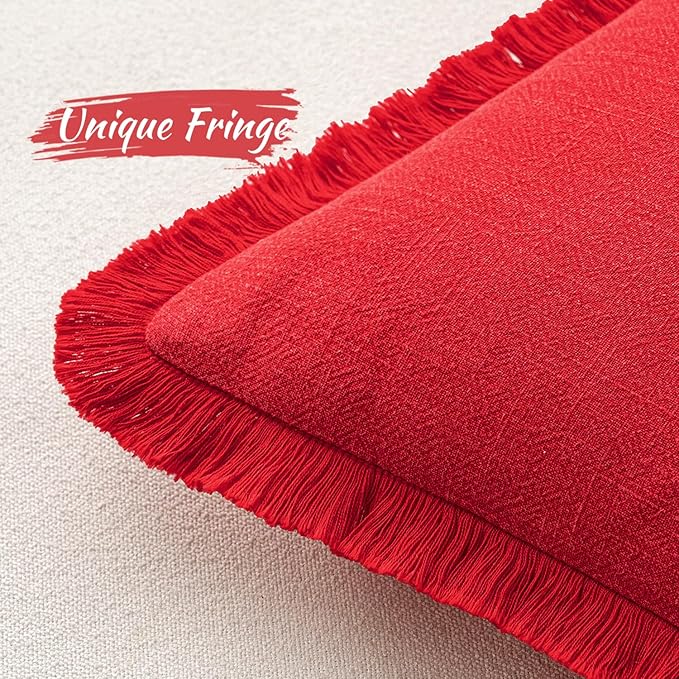 MIULEE Christmas Decorative Throw Pillow Covers Neutral Linen Fringe Throw Pillows Euro Shams Set of 2 Red Boho Farmhouse Cushion Covers with Tassels for Couch Sofa Bed Living Room Decor 24x24 Inch