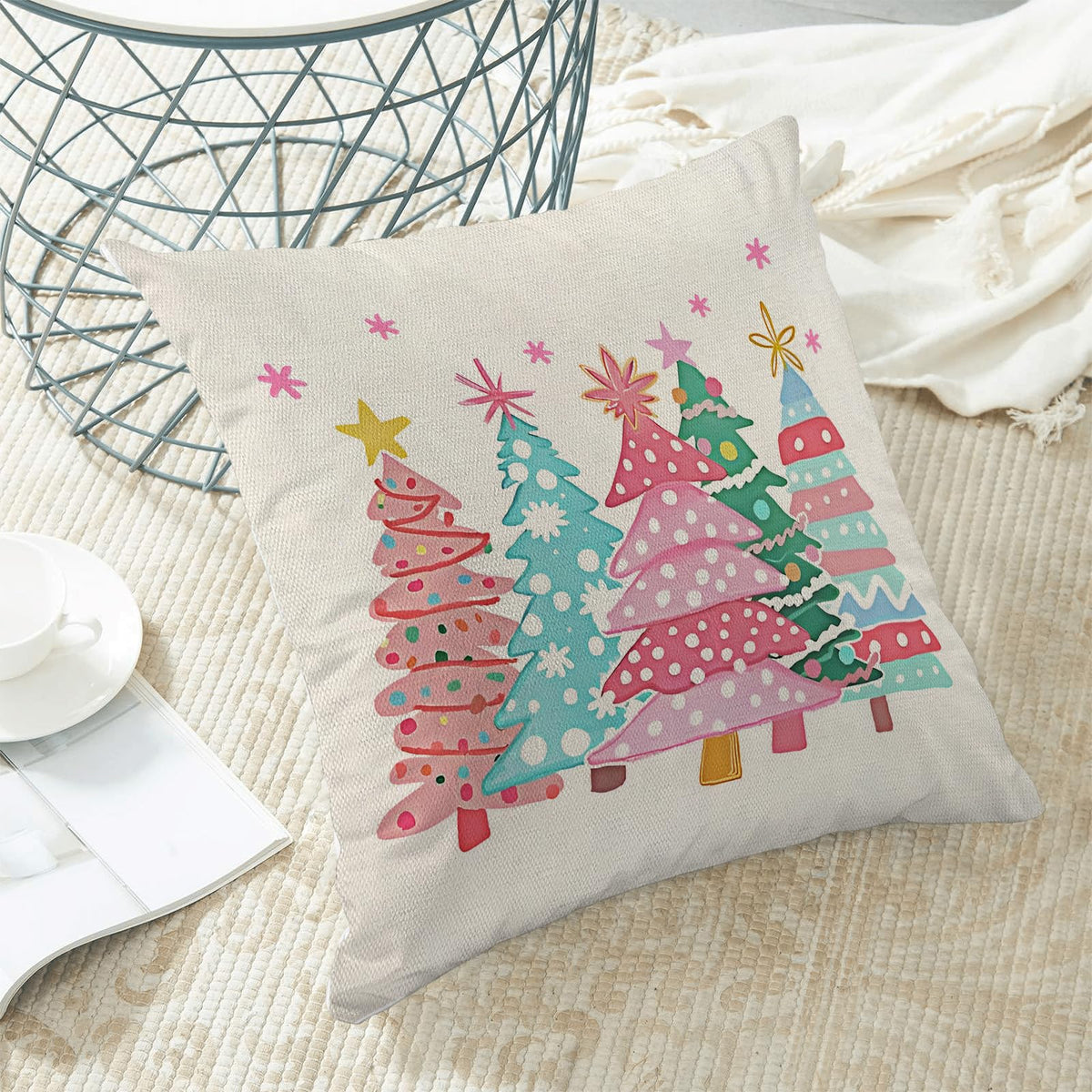 Pink Christmas Pillow Covers 18 x 18 Inch Set of 2 Colorful Christmas Tree Throw Pillows Outdoor Decorative Pink Blue Green Xmas Tree Winter Pillowcases Linen Cushion Cases for Home Bed Sofa Couch
