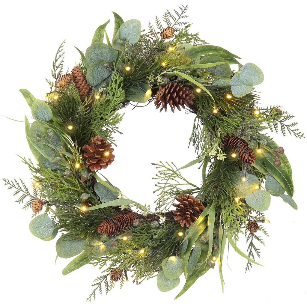 Pre Lit Christmas Wreath for Front Door Lighted Green Wreath Decorated with Pine Cones,Berry Clusters, Abundant Fit Branches 18” Christmas Wreaths for Windows Winter Wreath Hanging Wall Decor