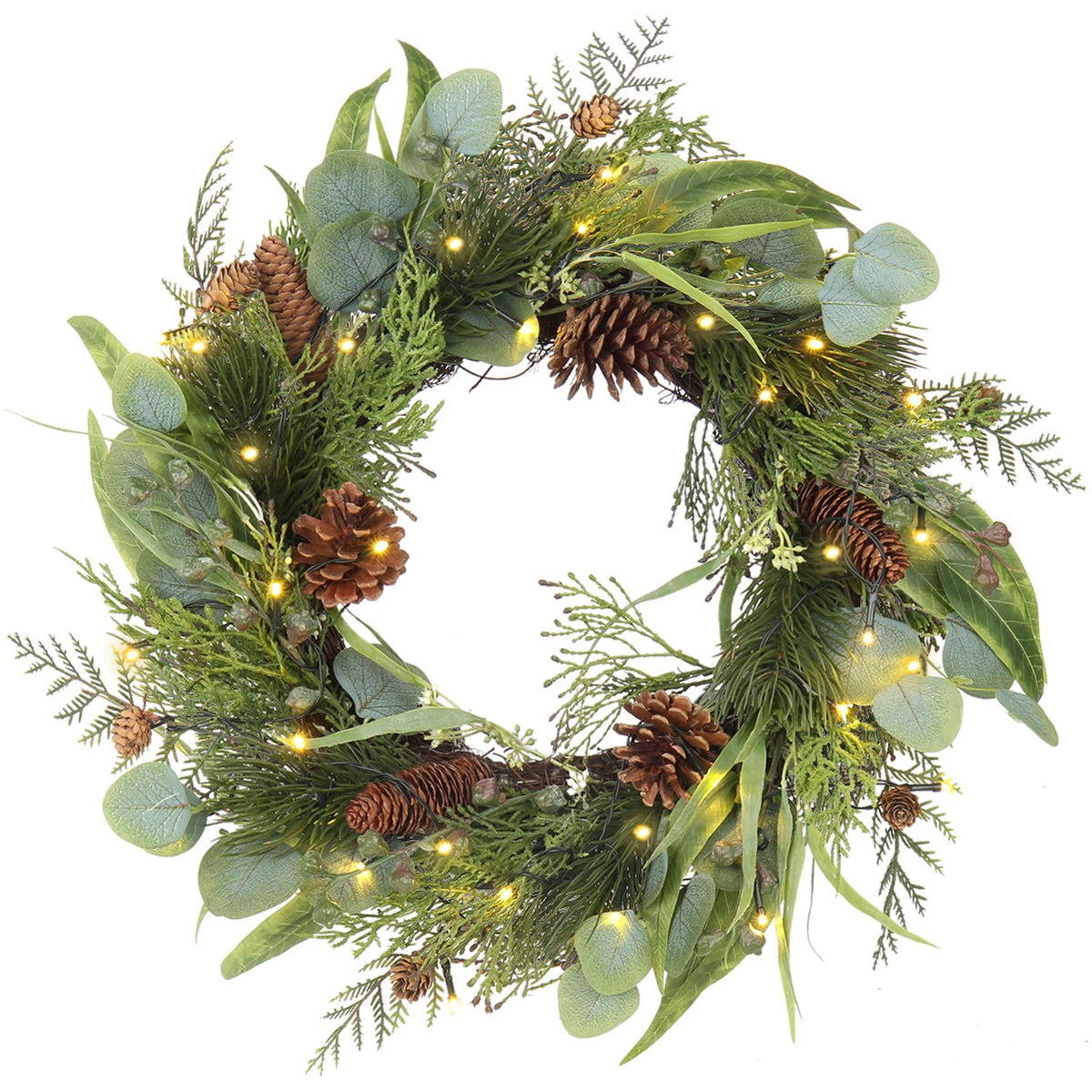 Pre Lit Christmas Wreath for Front Door Lighted Green Wreath Decorated with Pine Cones,Berry Clusters, Abundant Fit Branches 18” Christmas Wreaths for Windows Winter Wreath Hanging Wall Decor